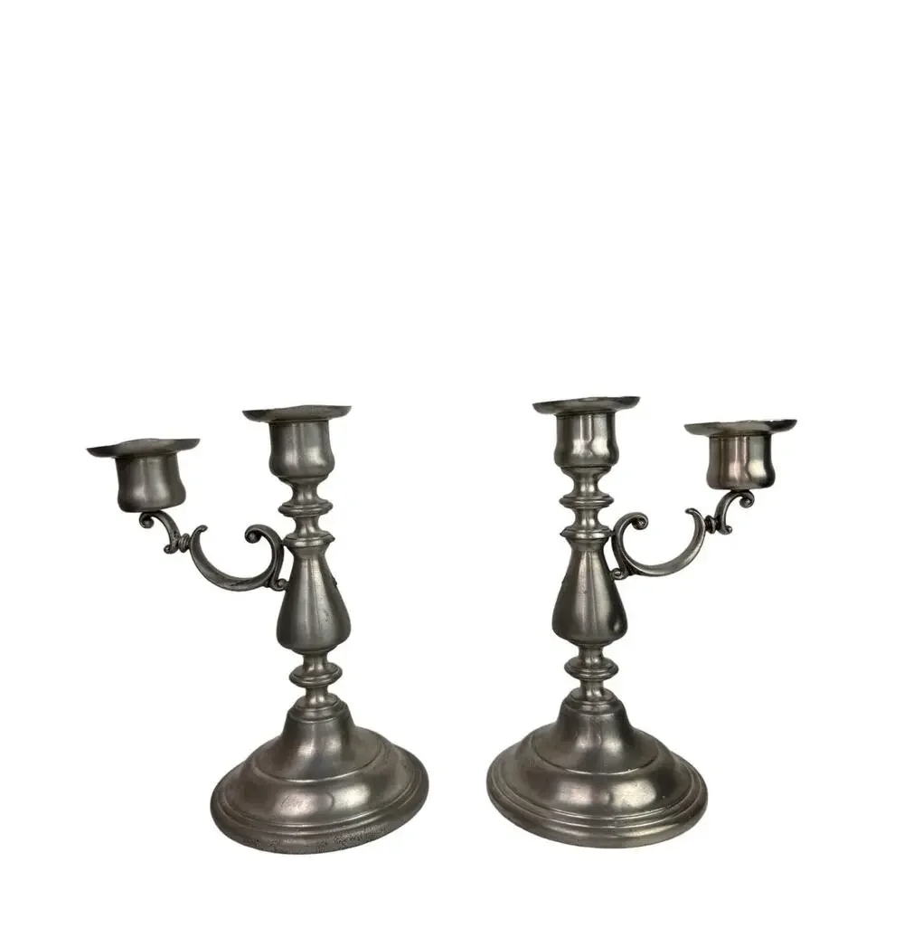 Vintage American Pewter Silver Stainless Steel Decor 2 Candle Holder Stick Set